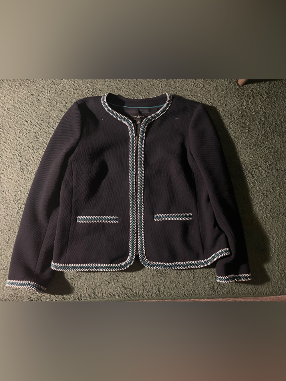 Talbots Navy Collarless Blazer with Braided Trim